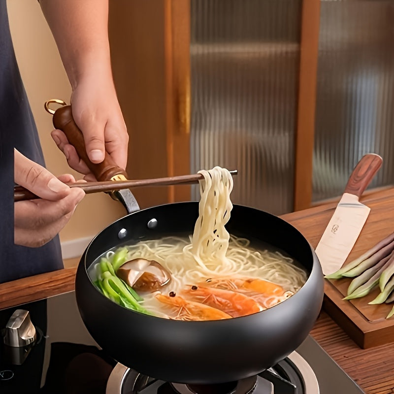 LDQ 1pc Cast Iron Pan Splash Resistant Design Rust Proof Durable Construction Even Heat Distribution Healthy Cooking Essential for Indoor Outdoor Use Oven Safe Wooden Handle Pans for Cooking Indoor Kitchenware Perfect Gifts f