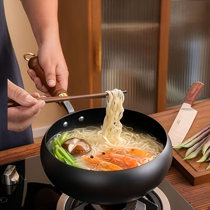 LDQ 1pc Cast Iron Pan Splash Resistant Design Rust Proof Durable Construction Even Heat Distribution Healthy Cooking Essential for Indoor Outdoor Use Oven Safe Wooden Handle Pans for Cooking Indoor Kitchenware Perfect Gifts f