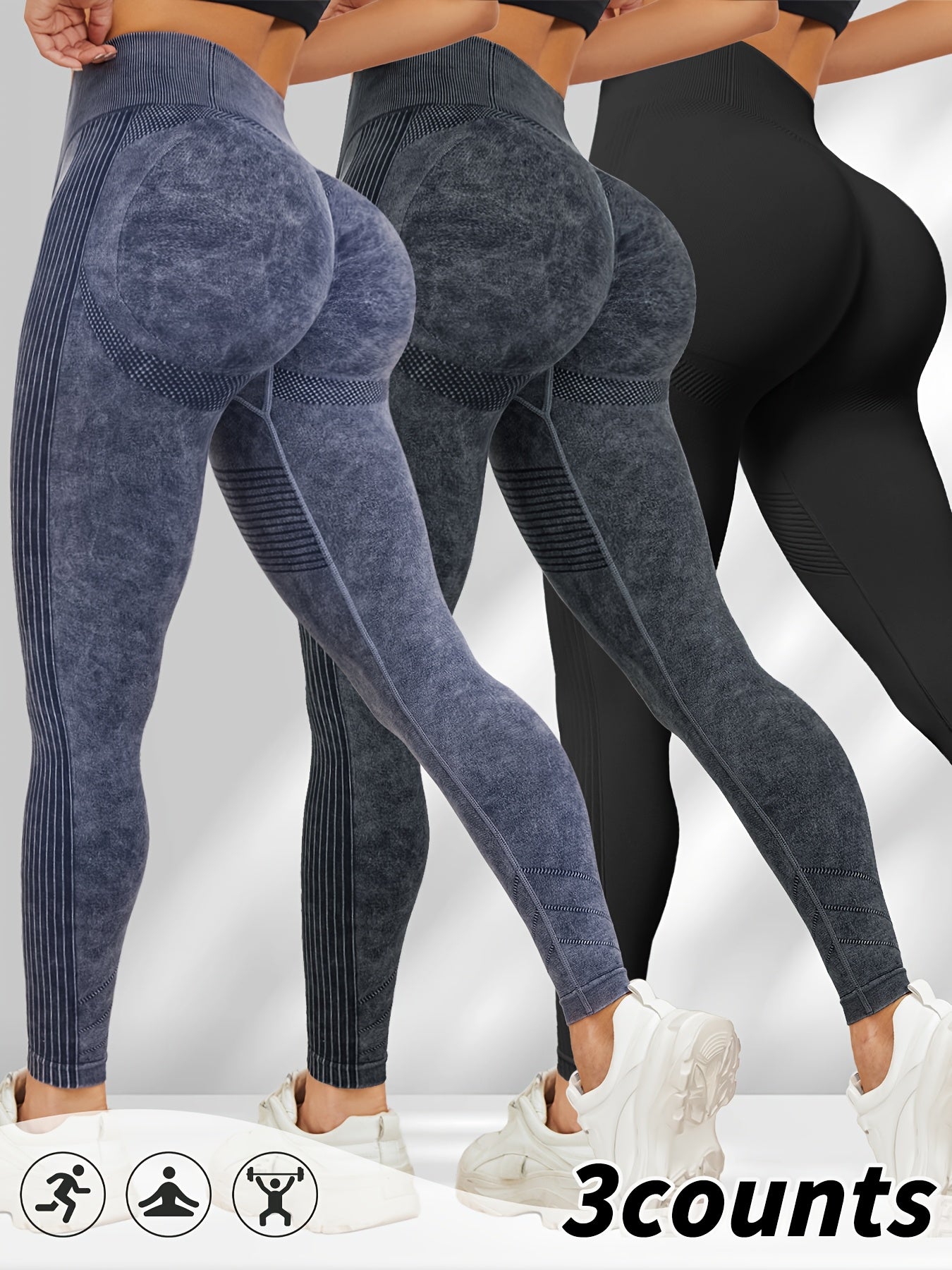 Women'S 3pcs High-Waisted Yoga Pants with Textured Surface, Stretchy & Comfortable - Beige, Black, Gray - Perfect for Fitness, Workouts & All-Season Wear, Workout Leggings | Minimalist Design | Stretchy Fabric