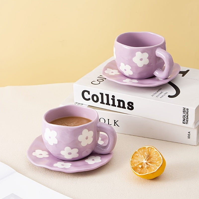 1set YumiPLUS Handmade Floral Ceramic Mug and Saucer Set, Purple Irregular Flower Design, 220ml/7.4oz, Reusable, Insulated, Machine Washable, Multipurpose Coffee Cup for Tea, Milk, Gift for Her