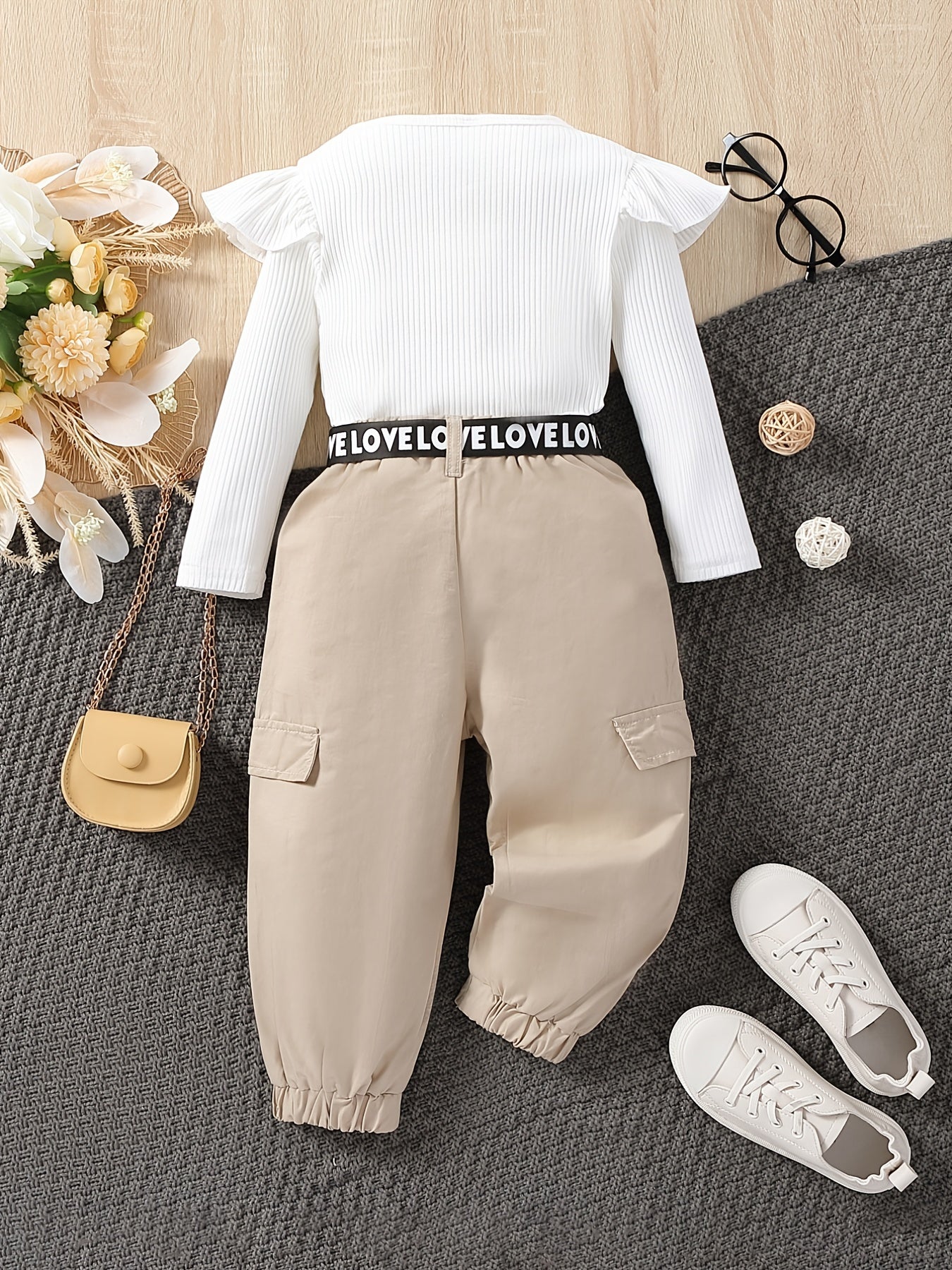 2pcs Baby Girls Ruffle Long Sleeve Round Neck Knitted Top & Cargo Pant Set Kids Outdoor Clothes
