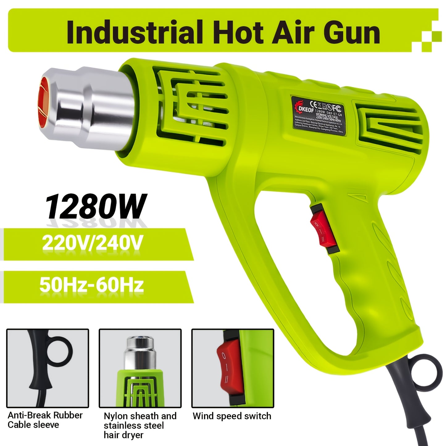 DKEOF 1280W Heavy Duty Heat Gun Kit with Dual-Temperature Settings (302°F/1202°F), Overheat Protection, Fast Heating, Ergonomic Handle & Durable Construction - for Shrinking PVC, Welding