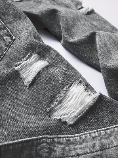 Men's Trendy Ripped Design Casual Button Up Long Sleeve Denim Shirt, Men's Clothes For Spring Summer Autumn, Tops For Men