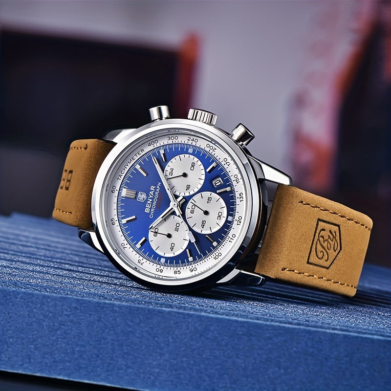 Relógio BENYAR para homem, marca de alta qualidade, desportivo, multifunções, cronógrafo, quartzo, preto, elegante, com calendário e bracelete em pele.