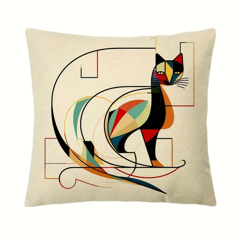 Conjunto de 4 capas de almofada decorativas em linho tecido, com estampa abstrata de gato de Kandinsky, estilo industrial, com fecho, ideais para sofá, quarto, carro e escritório - Laváveis ​​à máquina