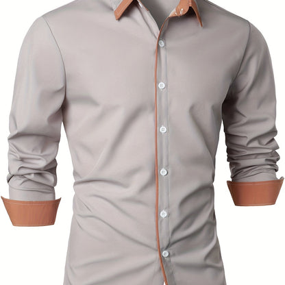 Mature Style Men's Casual Trim Contrast Button Long Sleeve Shirt, Spring Fall