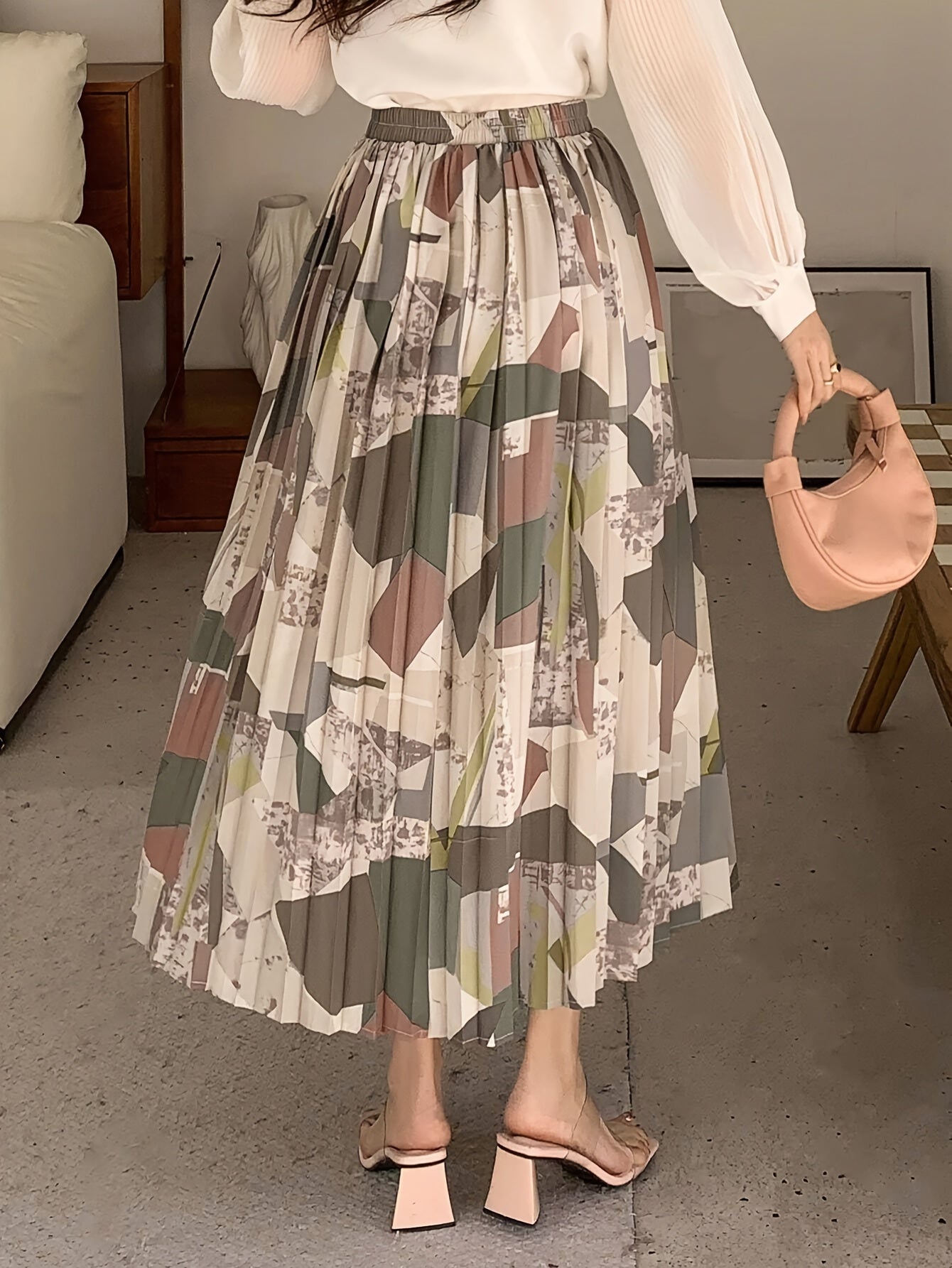 Saia midi plissada com estampado geométrico elegante para mulher - Versátil, moderna, em tecido de poliéster sem elasticidade, lavável à máquina - Perfeita para todas as estações | Barra assimétrica | Caimento confortável