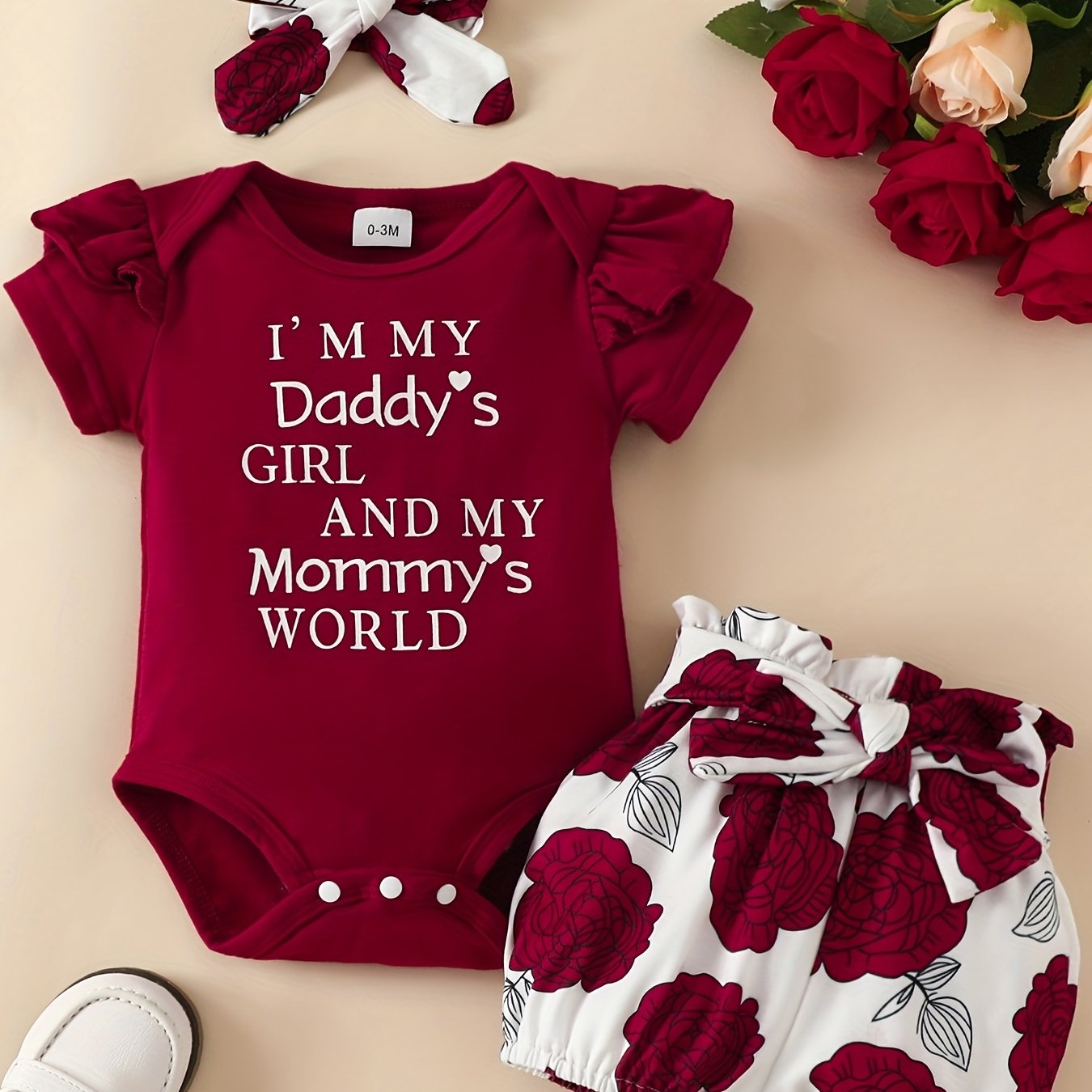 3pcs Short Sleeve & Shorts Set for Newborns - "I'm Daddy's Girl" Letter Print Pants and Headband, Mommy's World Alphabet Kids' Outfit, Perfect for Outdoor