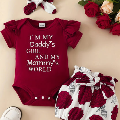 3pcs Short Sleeve & Shorts Set for Newborns - "I'm Daddy's Girl" Letter Print Pants and Headband, Mommy's World Alphabet Kids' Outfit, Perfect for Outdoor