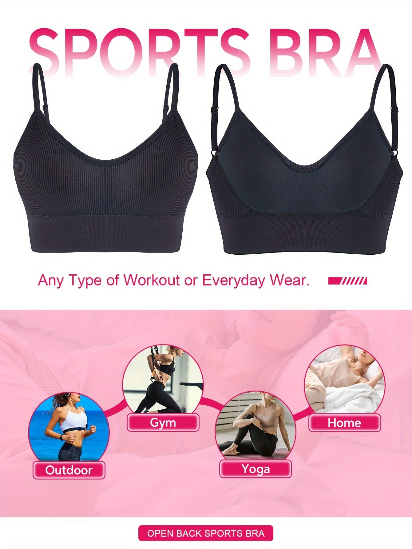 Solid Ribbed Sports Bra, Comfy & Breathable Workout Fitness Intimates Bra, Women's Lingerie & Underwear
