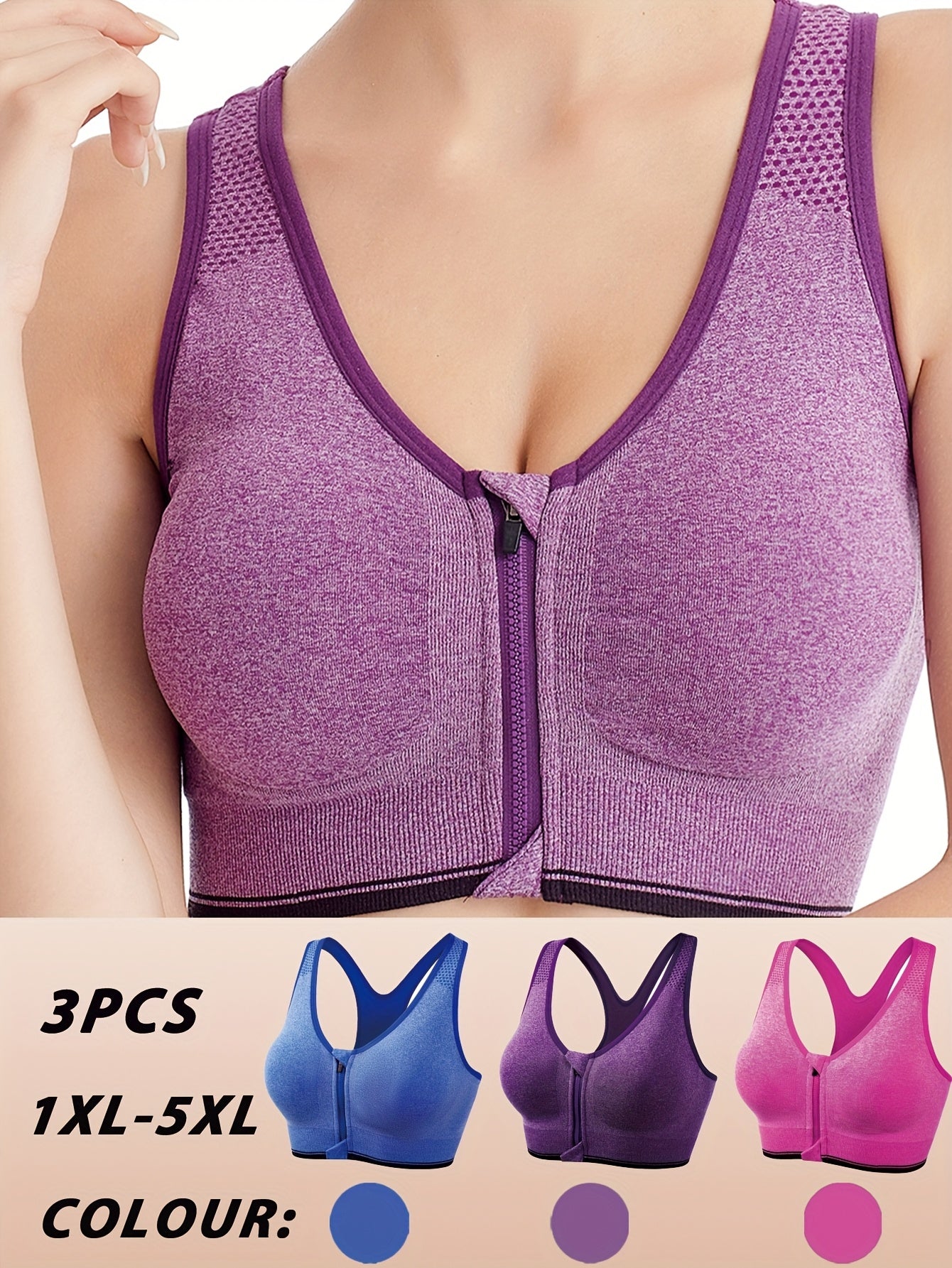 3pcs Plus Size Front Zipper Bras - No Underwire & Removable Pads, Breathable Mesh Running Bras for Women, 1XL-5XL (Navy/Black/Purple), Casual swear, Sleek y Look, Comfortable Fit