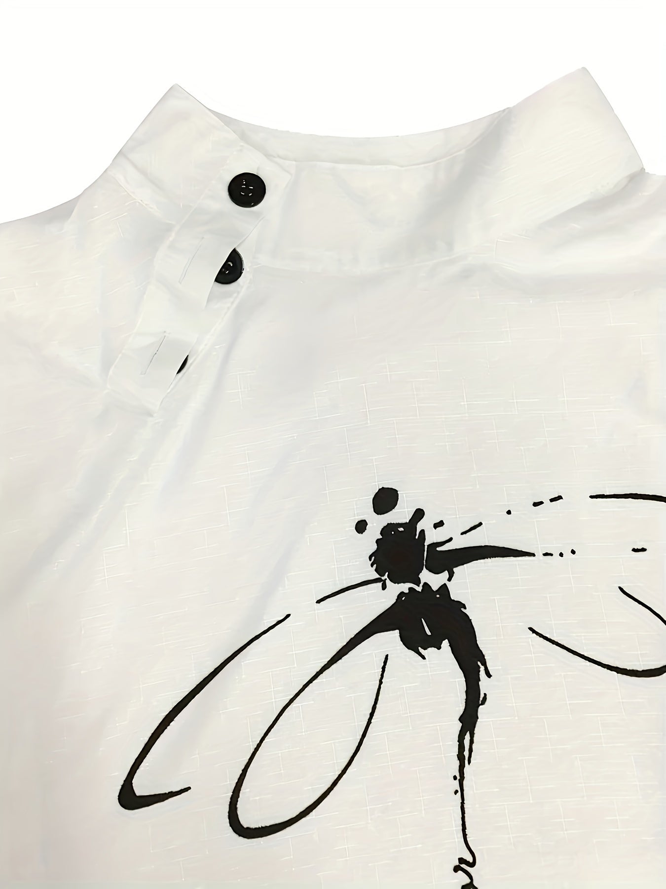 Dragonfly Print Skew Button Blouse, Elegant Short Sleeve Top For Spring & Summer, Women's Clothing