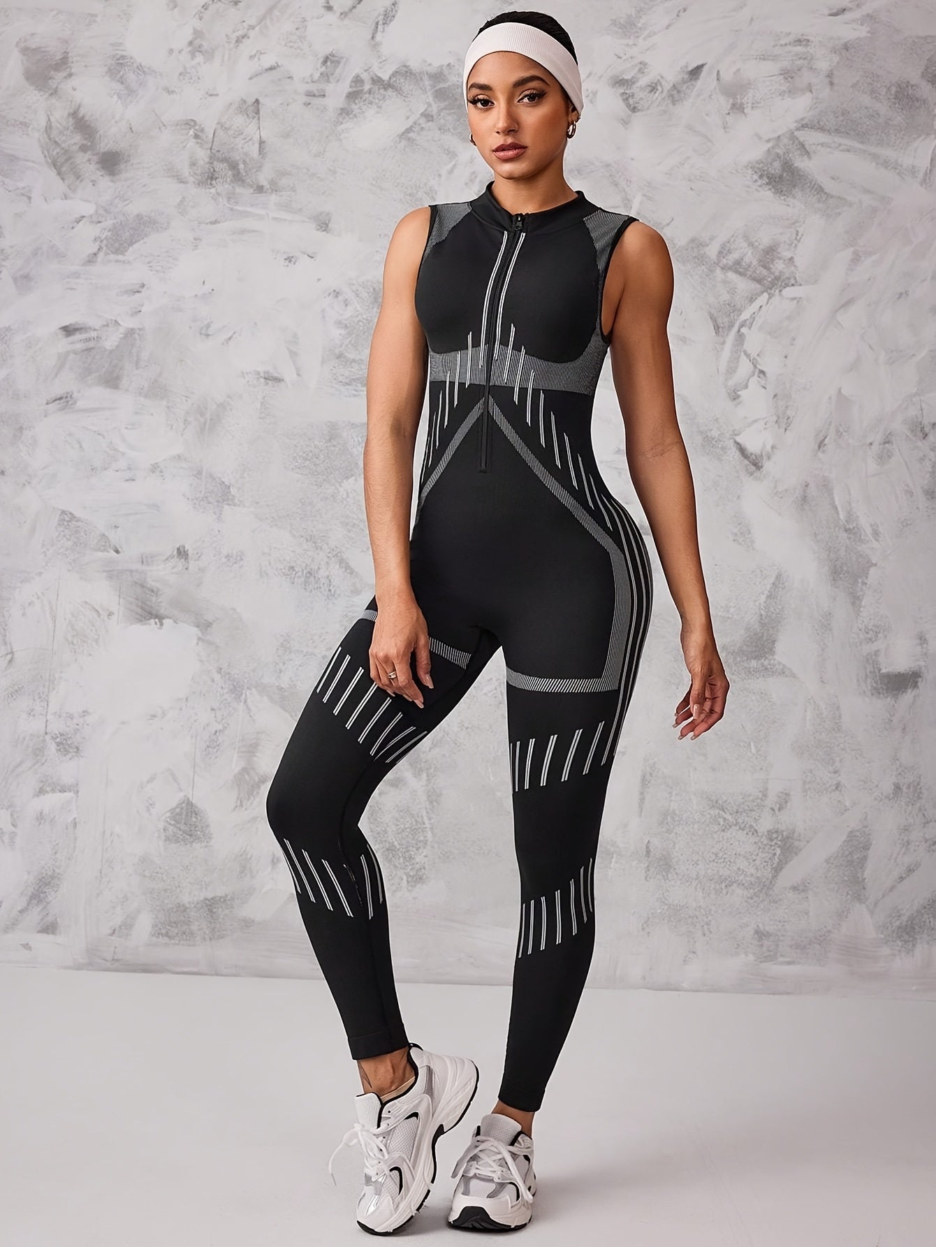 Women's Full-Zip High-Neck Jumpsuit - Seamless Bodysuit with Full-Length Zipper, Striped Leggings & Top, Machine Washable Stretch for,,, Outdoor & Daily Wear - All-Season