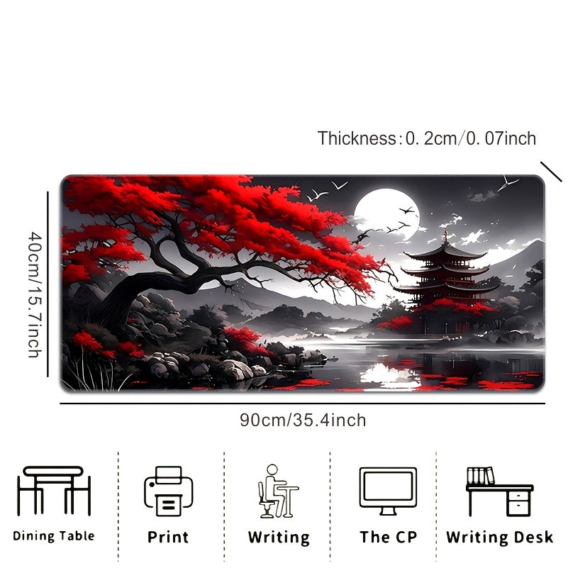 1pc, Traditional Japanese Landscape Mouse Pad, 59.94 x 34.8 cm, Extended Size, Durable Rubber Base, Non-Slip, HD Printed Antique Attic Design, Office & Gaming Mousepad, Durable Stitching, Ideal Gift for Gamers & Office Use