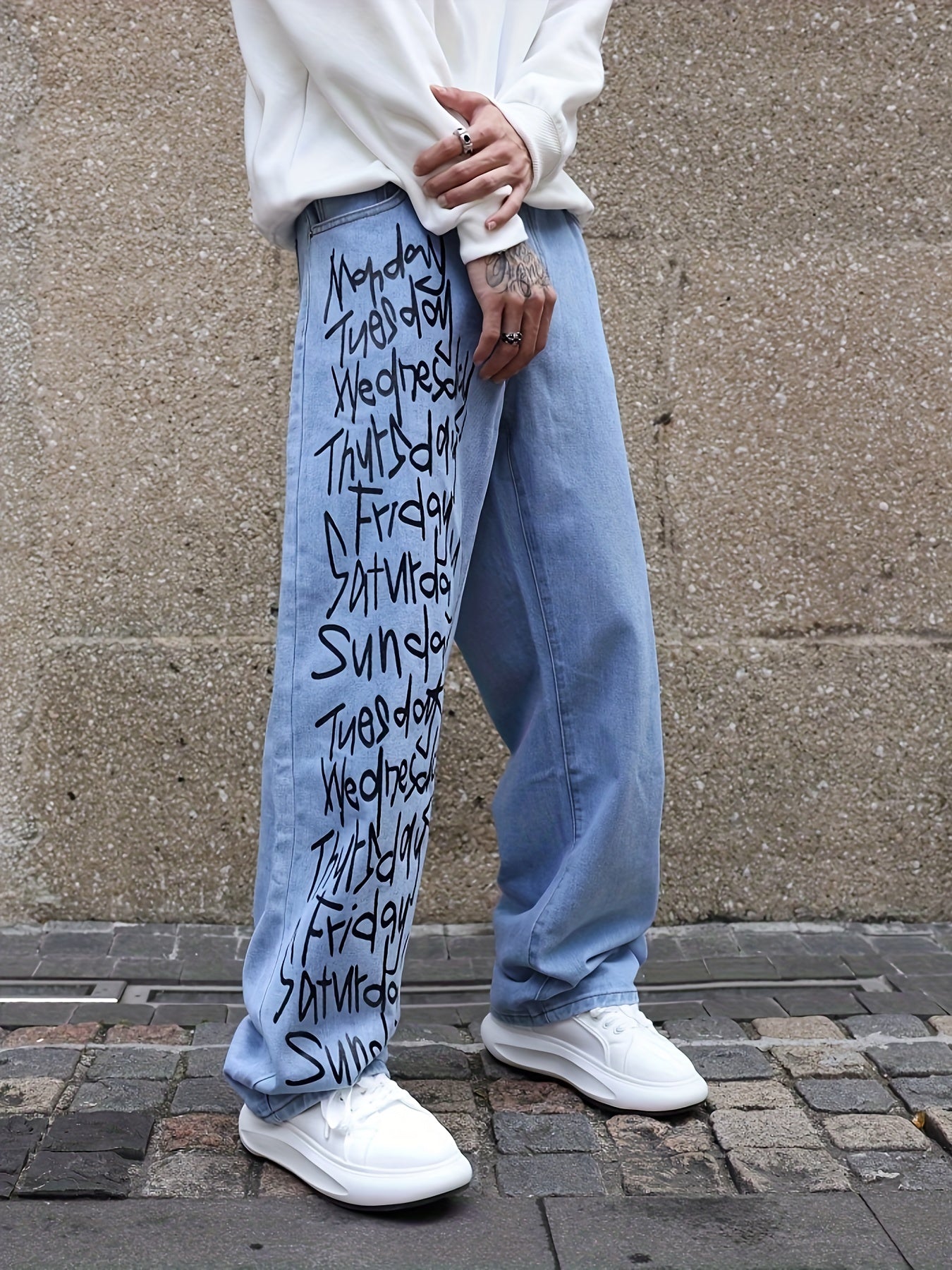 Men's Casual Letter Print Wide-Leg Jeans - Loose Fit, Rayon Blend Denim Pants for All Seasons