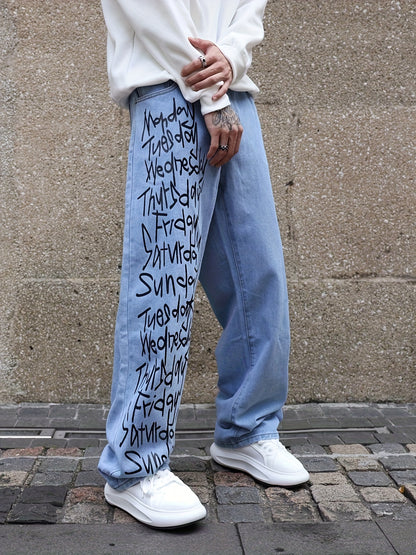 Men's Casual Letter Print Wide-Leg Jeans - Loose Fit, Rayon Blend Denim Pants for All Seasons