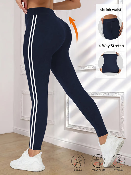 Women'S High-Waisted Black Side Stripe Leggings - Compression Fit, 4-Way Stretch, Crop Length, Sports Pants for Fitness and Casual Wear, Athletic Wear|Side Stripe Leggings|Compression Fit Leggings