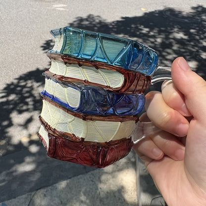 1pc Hand-Painted Book Stack Design Coffee Mug - 7/12oz Stackable Glass Cup with Vibrant Blue, Orange, Red & Yellow Stained Glass Art, Reusable Novelty Gift for Book Lovers, Librarians, Women'S Book Clubs & Literature Enthusia