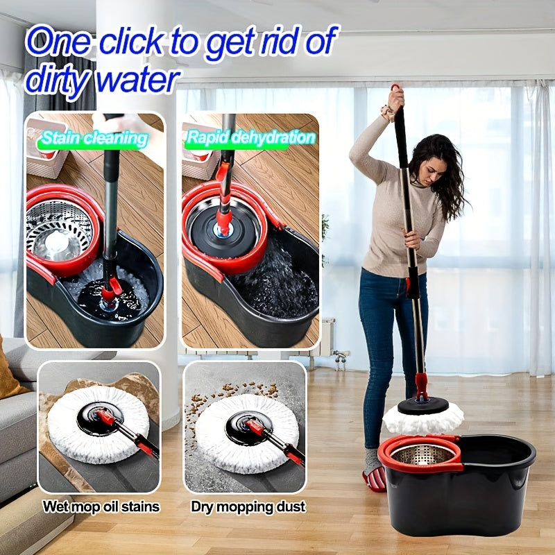 Spin mop and bucket, 360° spin mop, dust removal tool integrated soak and rinse function, with 2 microfiber mop heads, hands-free wash mop, retractable stainless steel handle, for floor cleaning, cleaning supplies
