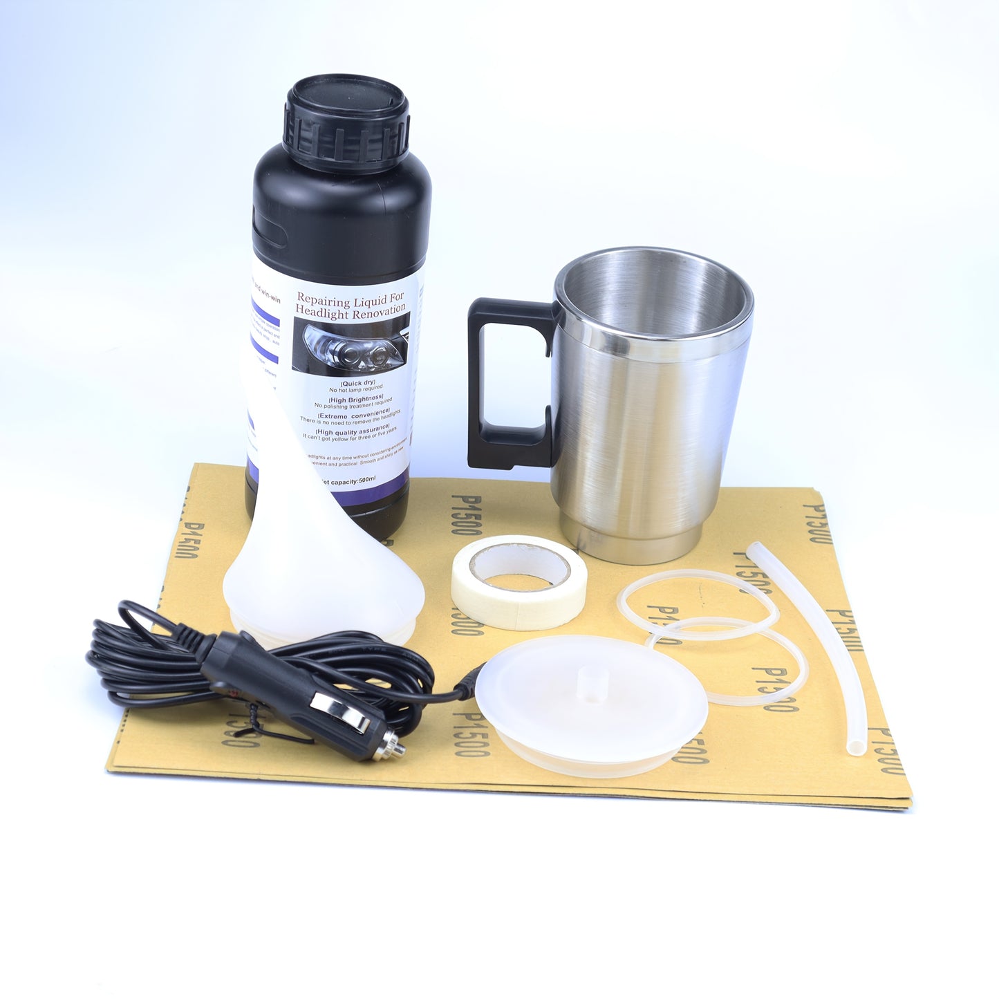 BESPER Car Headlight Restoration Kit with 500ml Restoration Fluid & Fogging Cup - Oxidized Yellowed/Scratched/Blurred Headlight Restoration, Durable Plastic, Easy-Use Design for Enhanced Visibility & Safety, Vehicle Lighting