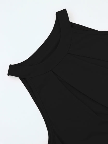 Solid Pleated Halter Neck Top, Versatile Sleeveless Simple Halter Blouse For Summer, Women's Clothing