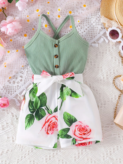 Girls' Summer Casual Floral Print Off-Shoulder Jumpsuit with Adjustable Waist Belt - Lightweight Breathable Shorts for Outdoor Play & Daily Wear, Blue & White Flower Design, Perfect for Weekend Outings, Cute Outfits for Girls