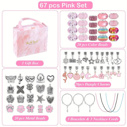 Kit de pulseiras DIY com 67 peças, incluindo 60 charms, 3 pulseiras e 3 colares. Ideal para presentes de aniversário, Natal, Ano Novo e Dia dos Namorados.