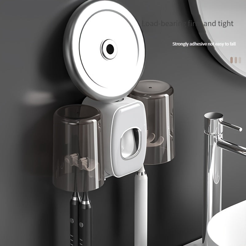 1pc Automatic Toothpaste Dispenser & Brush Holder, Toothbrush Holders With Automatic Toothpaste Squeezer Device For Bathrooms, Toothbrush Organizer With Cup, Wall Mounted Shower Room Decor Set