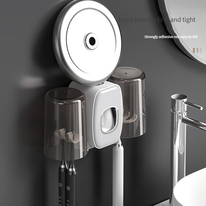 1pc Automatic Toothpaste Dispenser & Brush Holder, Toothbrush Holders With Automatic Toothpaste Squeezer Device For Bathrooms, Toothbrush Organizer With Cup, Wall Mounted Shower Room Decor Set