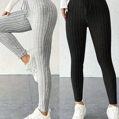 Two-Pack High-Waisted Pants, High Elasticity Solid Color Long Pants for Women, Tummy Control and Body Shaping, Suitable for Daily Wear, Comfortable Women'S Outerwear Leggings, Multi-Pack, Women' Ribbed Two Piece Casual Wide L