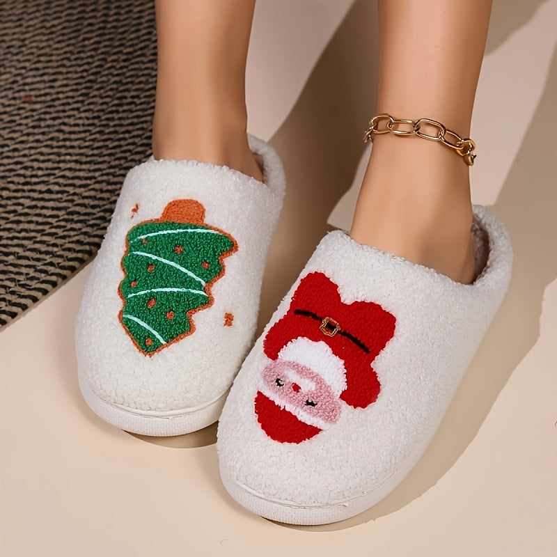Christmas Tree Pattern Fuzzy Slippers, Winter Warm Closed Toe Flat Floor Shoes, Cozy Soft Sole Plush Home Slippers