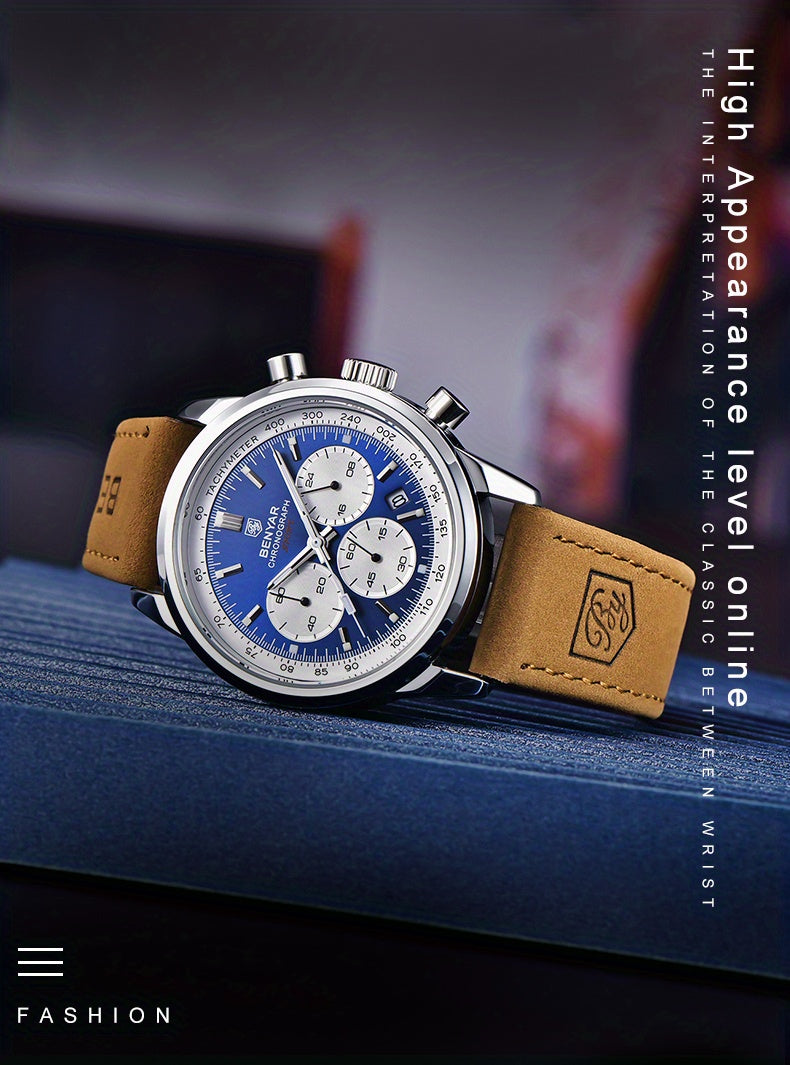 Relógio BENYAR para homem, marca de alta qualidade, desportivo, multifunções, cronógrafo, quartzo, preto, elegante, com calendário e bracelete em pele.