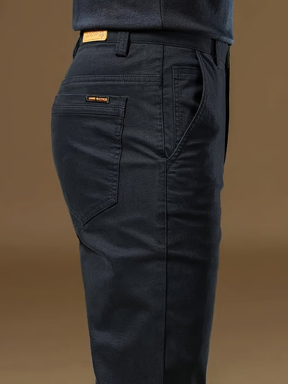 Men's Solid Navy Blue Straight-Leg Dress Pants - All-Season Full-Length Formal & Business Casual Trousers with Zipper Closure, Machine Washable, Durable Comfort Fit for Office, Semi-Formal & Casual Attire - Versatile Solid Co