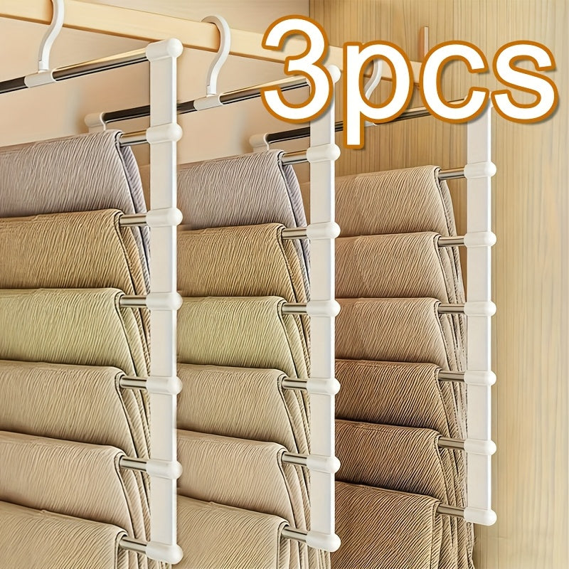 3pcs Space-Saving Foldable Stainless Steel Pants Rack - Rust-Resistant Wardrobe Organizer for Jeans, Leggings & Pants - Durable Plastic Hangers with Multiple Hooks, Ideal for Home & Retail Use, Clothes Organizer Storage