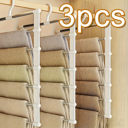 3pcs Space-Saving Foldable Stainless Steel Pants Rack - Rust-Resistant Wardrobe Organizer for Jeans, Leggings & Pants - Durable Plastic Hangers with Multiple Hooks, Ideal for Home & Retail Use, Clothes Organizer Storage