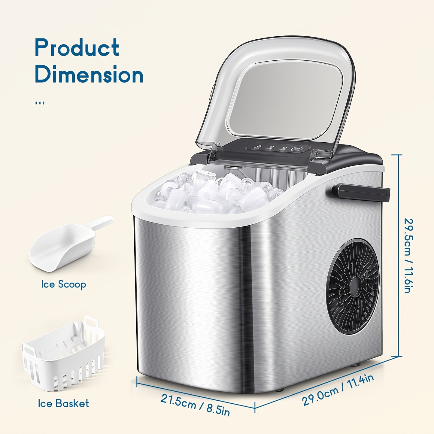 Máquina de gelo portátil, para bancada, produz 9 cubos de gelo em 6 minutos, 12 kg em 24 horas, inclui pá e cesto para gelo, ideal para casa, cozinha ou escritório, em aço inoxidável.