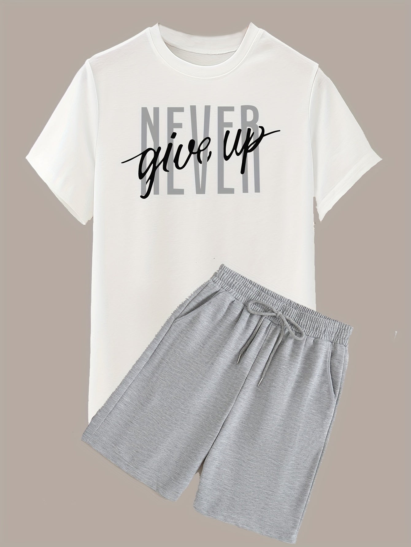 Men's Fashion NEVER GIVE UP Letter Print Loungewear Set, Short Sleeve Crew Neck Graphic T-shirt & Drawstring Shorts With Pockets, Casual Pajama Set, Men's 2piece Outfits