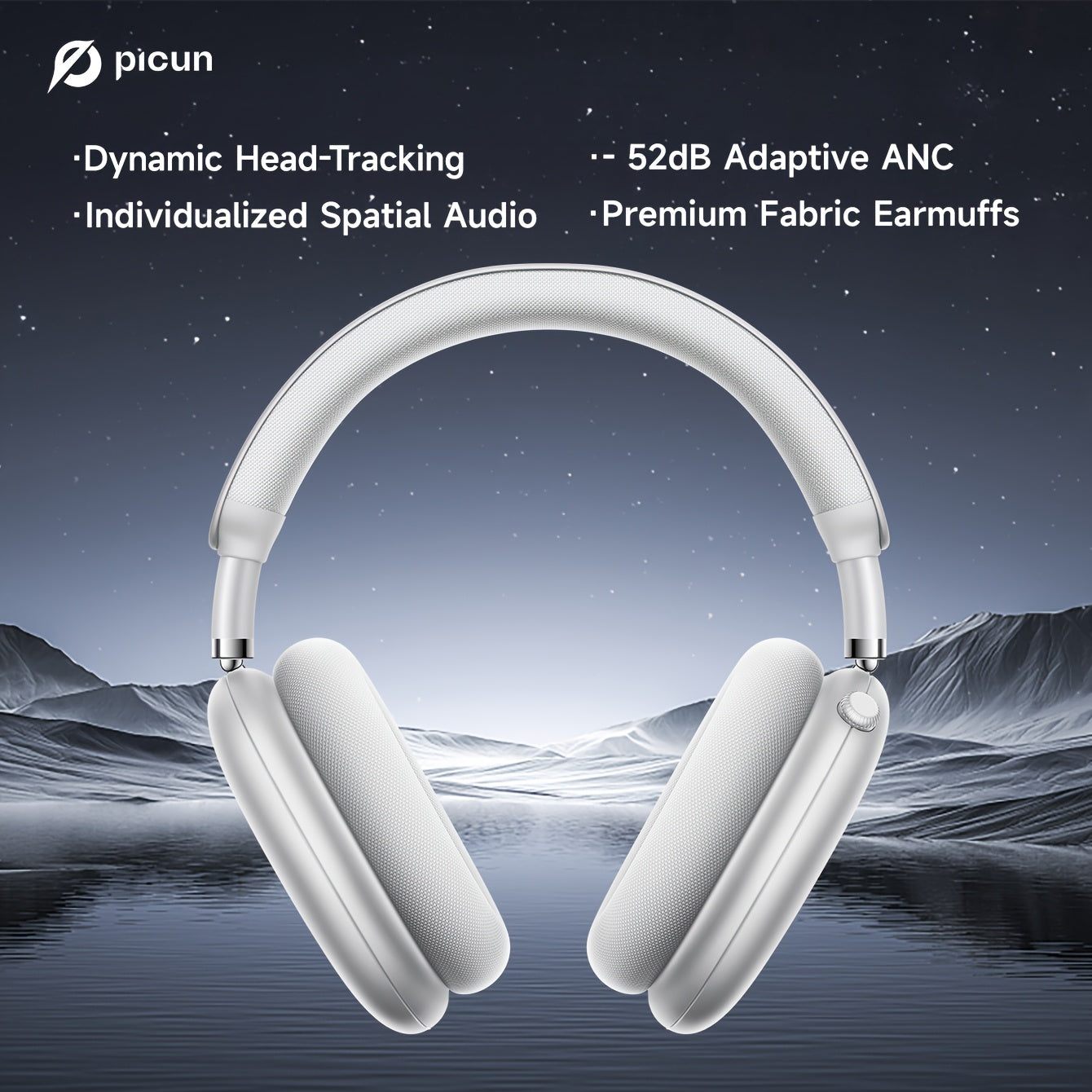 PICUN Wireless Headphones with Dynamic Head Tracking, -52dB ANC Noise Cancellation, 140Hrs Battery Life, Wireless 5.4, Wired/Wireless Switch, Double Connection & Multi-Mode Audio, Closed-back Design, Plastic Material, Compati