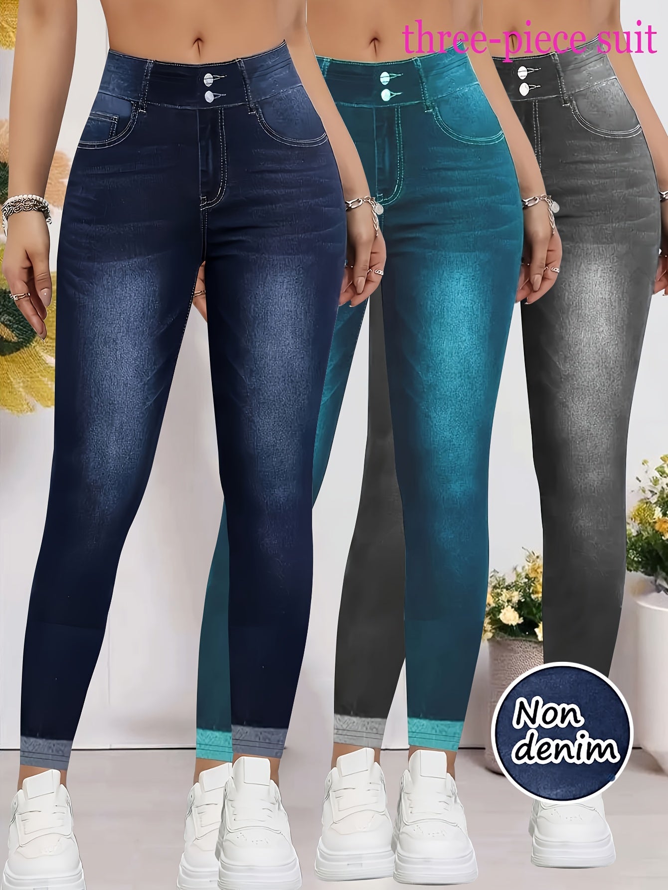 [Denim Print/Imitation Denim] 3pcs Set New Imitation Denim Blue Black Green Women's Slim Fit Leggings - Elegant Stretchy Tights, All-Season Versatile Casual and Formal Wear, Machine Washable Comfortable High-Quality Tight Pan