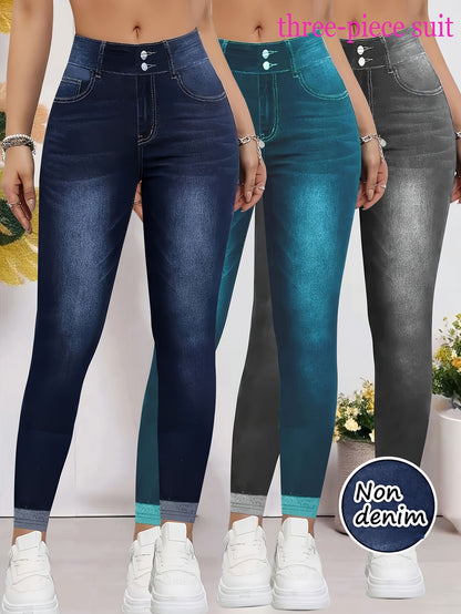 [Denim Print/Imitation Denim] 3pcs Set New Imitation Denim Blue Black Green Women's Slim Fit Leggings - Elegant Stretchy Tights, All-Season Versatile Casual and Formal Wear, Machine Washable Comfortable High-Quality Tight Pan