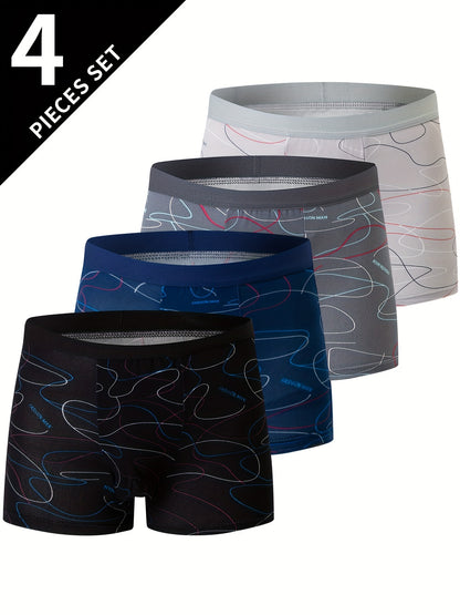 4pcs Men'S Underwear, Polyester, Geometric-pattern, Slight Stretch, Knit Fabric, 115g/m², for Men