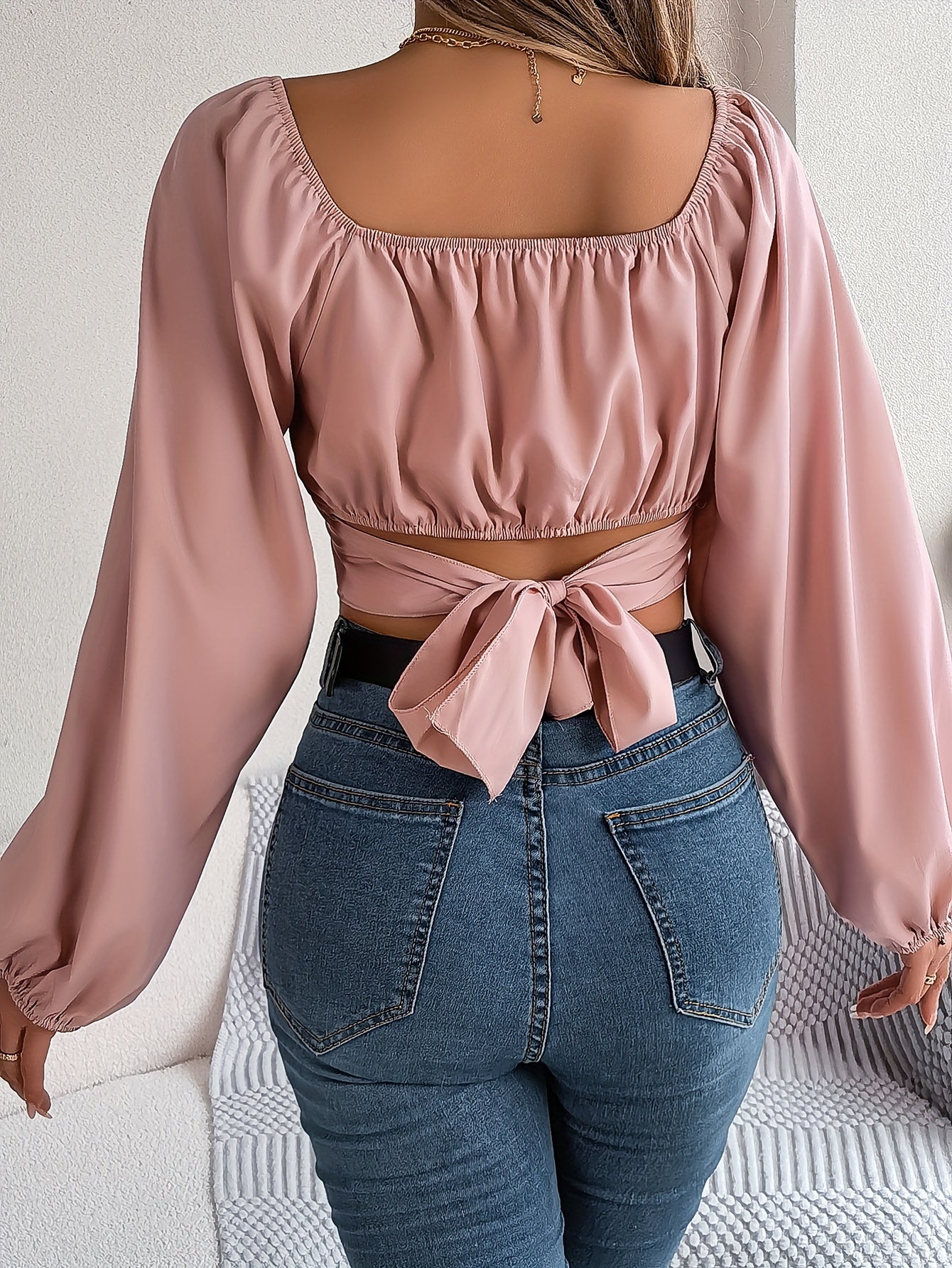 Square Neck Cross Tie Back Crop Blouse, Elegant Lantern Sleeve Slim Blouse For Spring & Fall, Women's Clothing