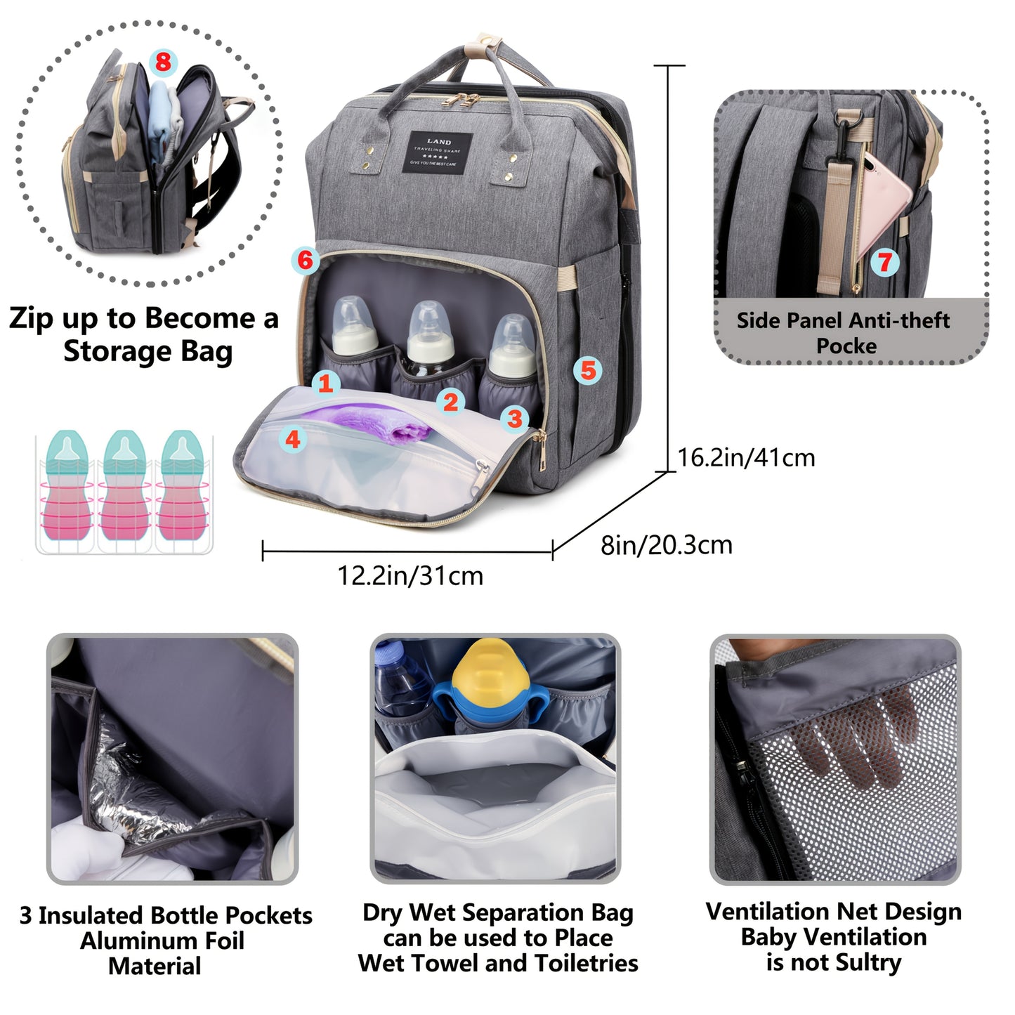Diaper Bag Backpack with Changing Station - Large Capacity Travel Baby Organizer, Soft Shell Durable Design, Multiple Pockets & Mesh Bag, Ergonomic Adjustable Straps, Mixed Colors - Baby Shower Gifts & Newborn Essentials, Pra
