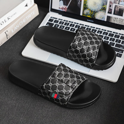 Men's Luxury Slip-On Slippers - Thick Cushioned EVA Sole & Soft PU Upper with Striped Pattern, All-Season Indoor/Outdoor House Shoes for Men, Comfortable Casual & Party Footwear (Black/White, Beige/Brown) - Unisex-Friendly De
