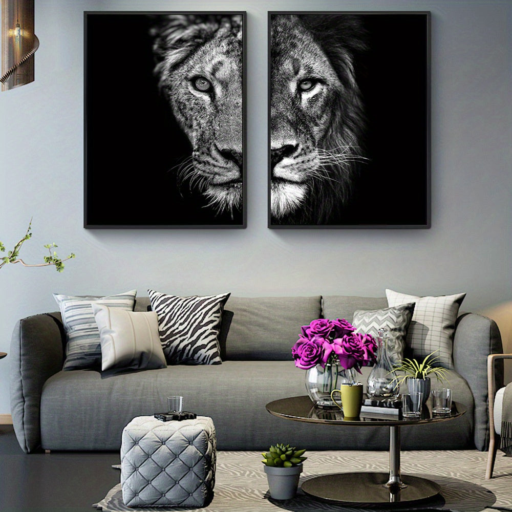 2pcs African Lion Wall Poster - Frameless Canvas Painting for Home Decor - 15.7x23.6in/40cmx60cm - Black and White Design