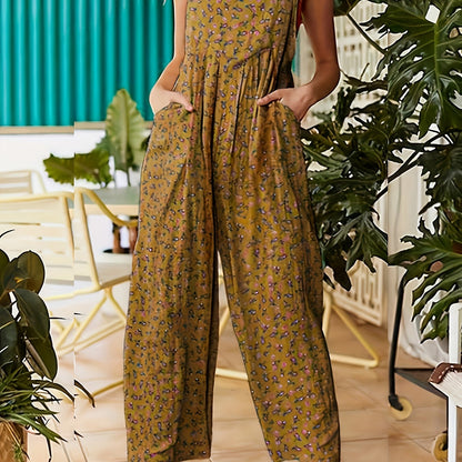 Women's Elegant Paisley Print Strap Pants - Lightweight 35% Side Pockets, Non-Stretch Fabric for Spring/Summer Casual & Formal Wear