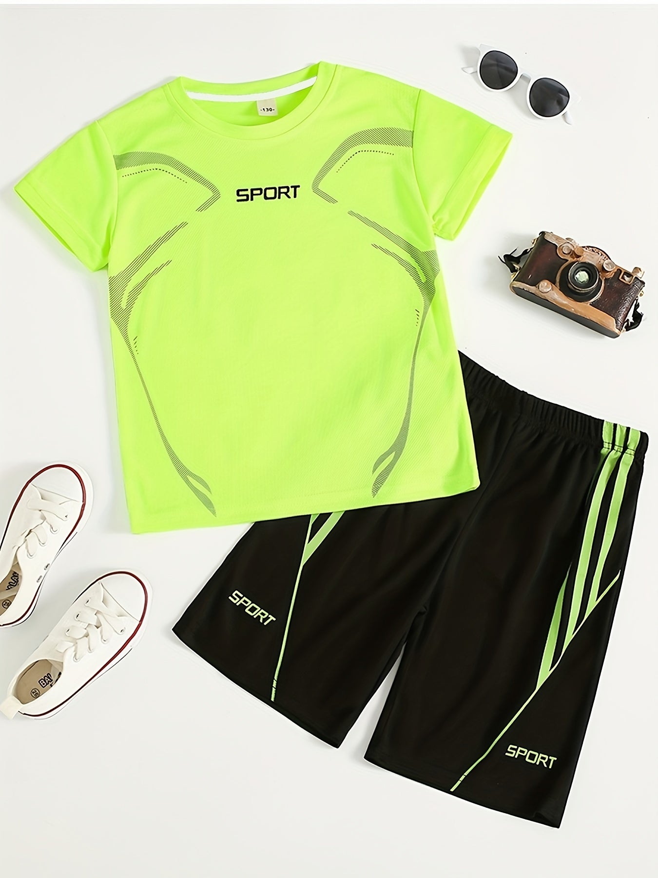 2pcs Boy's "Sport" Outfit Short Sleeves Round Neck T-shirt & Shorts Casual For Summer Daily And Outdoor Wear