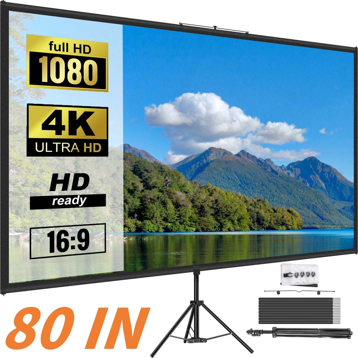 80 Inch (178x100cm/ 70x39.4in) Portable Tripod Projector Screen with Stand - 16:9 4K HD Wrinkle-Free Adjustable Projection Screen for Indoor/ Outdoor Movies, Gaming & Presentations [Includes 4K Screen], Movie Night Setup, Lig