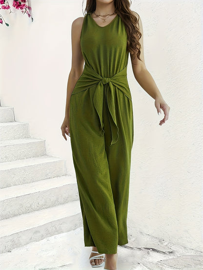 V Neck Knotted Jumpsuit, Casual Wide Leg Sleeveless Jumpsuit For Spring & Summer, Women's Clothing