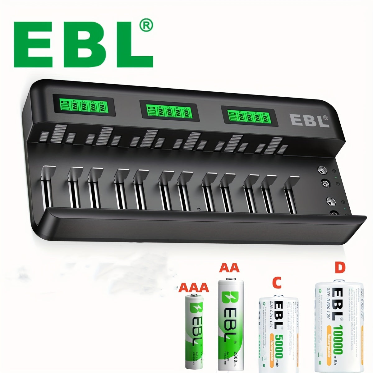 EBL 12+2 Bay LCD Rechargeable Battery Charger For AA AAA C D Ni-MH Ni-CD Rechargeable Batteries & 9V NiMH Ni-CD Li-ion Rechargeable Batteries